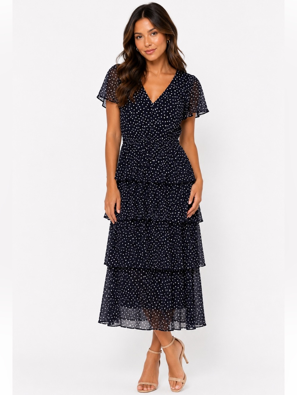 Enfocus Studio Navy and White Polka Dot Midi Dress